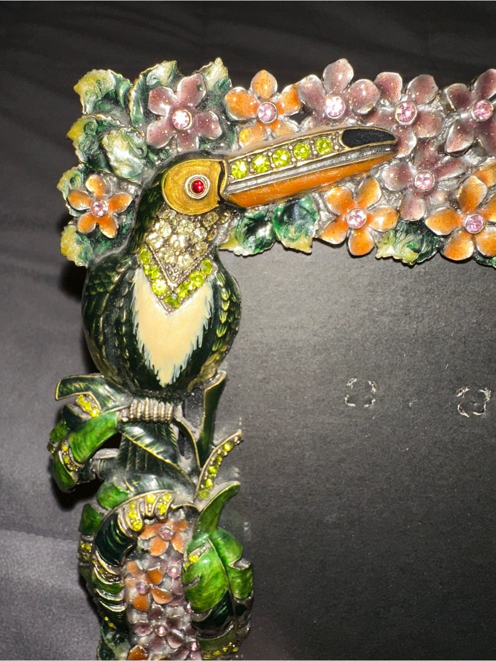 Decorative Ornate Metal Enamel Green Toucan Bird Frame with Rhinestones